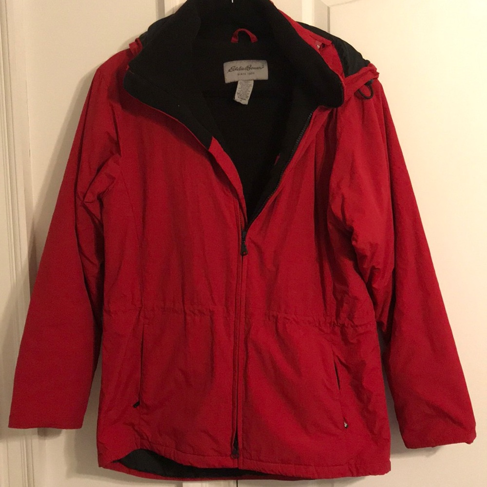 Red waterproof windbreaker with fleece lining